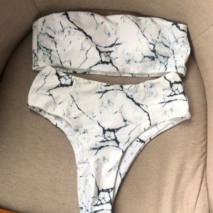 Marble Pattern Bandeau With High Waist Bikini